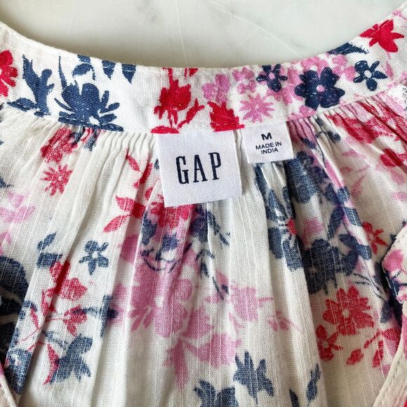 Gap Peasant Blouse Floral White Pink Red Blue V-Neck Pullover Top - Women's M - Picture 6 of 7